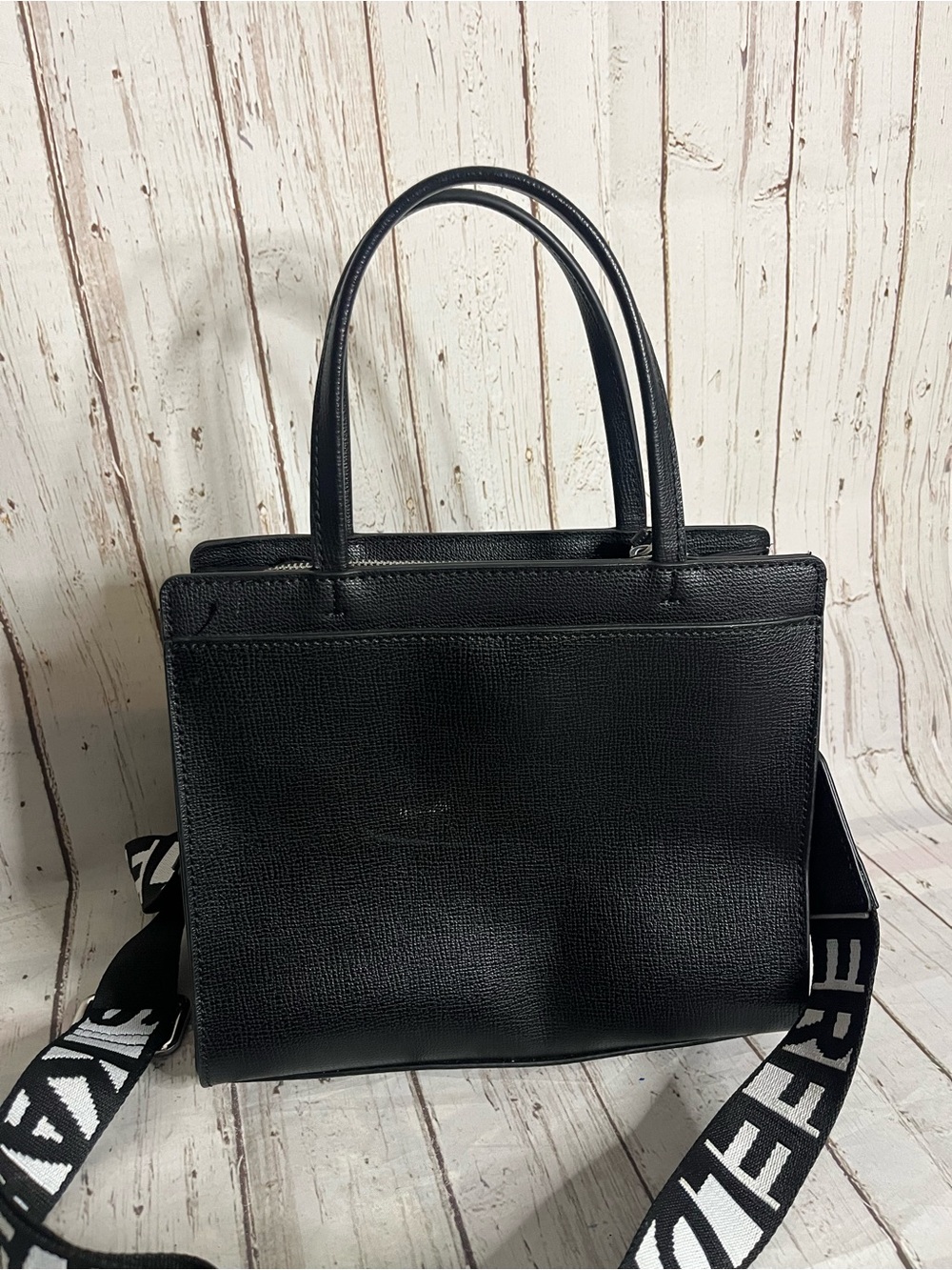 KARL LAGERFELD PARIS Black Pebbled Logo Tote Bag Zip Top Purse - Picture 2 of 14